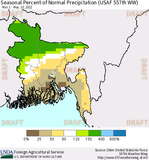 Bangladesh Seasonal Percent of Normal Precipitation (USAF 557th WW) Thematic Map For 3/1/2022 - 5/10/2022