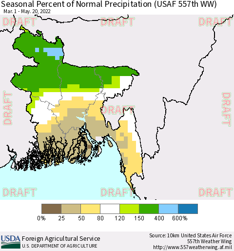 Bangladesh Seasonal Percent of Normal Precipitation (USAF 557th WW) Thematic Map For 3/1/2022 - 5/20/2022