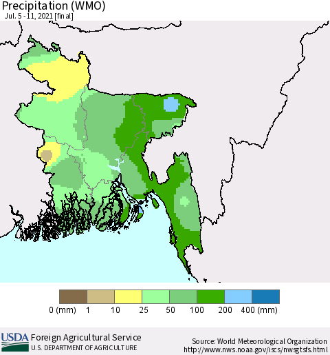 Bangladesh Precipitation (WMO) Thematic Map For 7/5/2021 - 7/11/2021