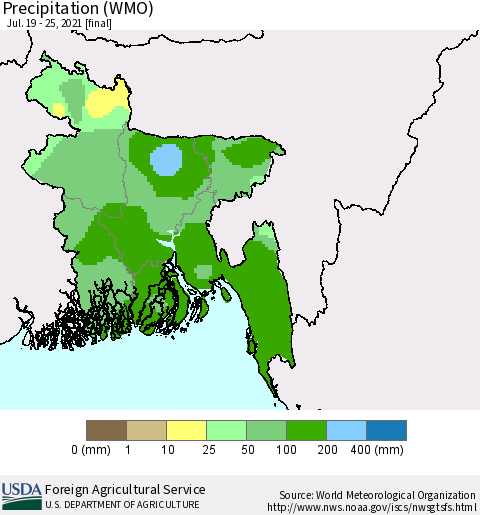 Bangladesh Precipitation (WMO) Thematic Map For 7/19/2021 - 7/25/2021