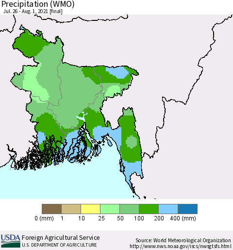 Bangladesh Precipitation (WMO) Thematic Map For 7/26/2021 - 8/1/2021
