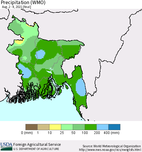 Bangladesh Precipitation (WMO) Thematic Map For 8/2/2021 - 8/8/2021