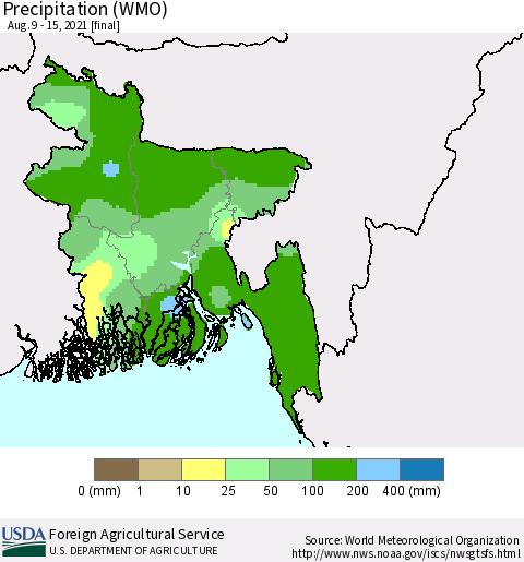Bangladesh Precipitation (WMO) Thematic Map For 8/9/2021 - 8/15/2021