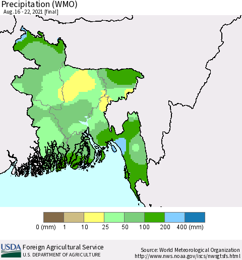 Bangladesh Precipitation (WMO) Thematic Map For 8/16/2021 - 8/22/2021