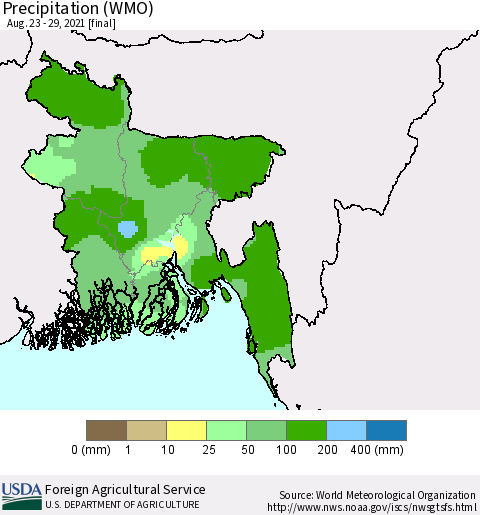 Bangladesh Precipitation (WMO) Thematic Map For 8/23/2021 - 8/29/2021