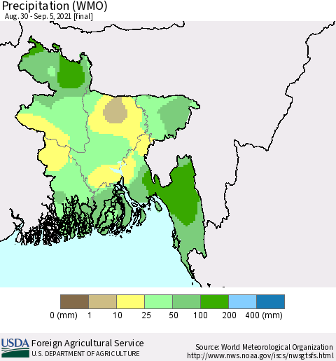 Bangladesh Precipitation (WMO) Thematic Map For 8/30/2021 - 9/5/2021
