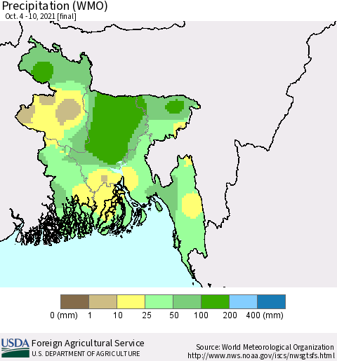 Bangladesh Precipitation (WMO) Thematic Map For 10/4/2021 - 10/10/2021