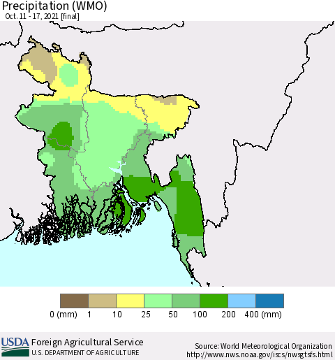 Bangladesh Precipitation (WMO) Thematic Map For 10/11/2021 - 10/17/2021