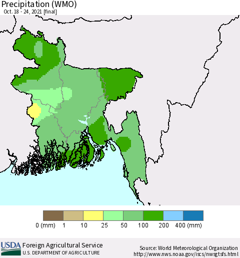 Bangladesh Precipitation (WMO) Thematic Map For 10/18/2021 - 10/24/2021
