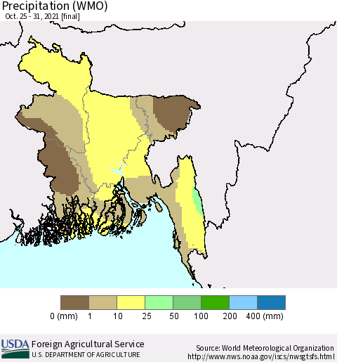 Bangladesh Precipitation (WMO) Thematic Map For 10/25/2021 - 10/31/2021