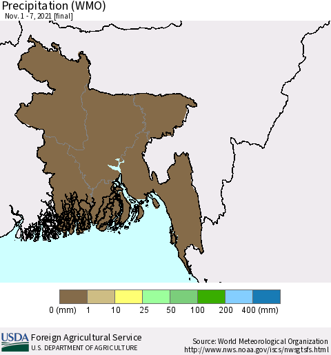 Bangladesh Precipitation (WMO) Thematic Map For 11/1/2021 - 11/7/2021