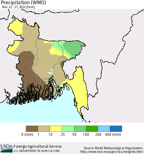 Bangladesh Precipitation (WMO) Thematic Map For 3/21/2022 - 3/27/2022