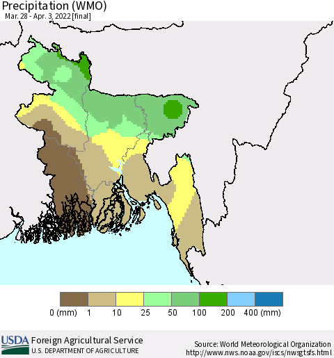 Bangladesh Precipitation (WMO) Thematic Map For 3/28/2022 - 4/3/2022