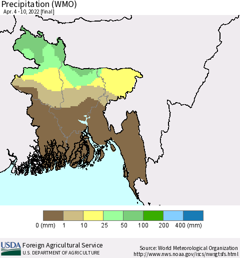 Bangladesh Precipitation (WMO) Thematic Map For 4/4/2022 - 4/10/2022