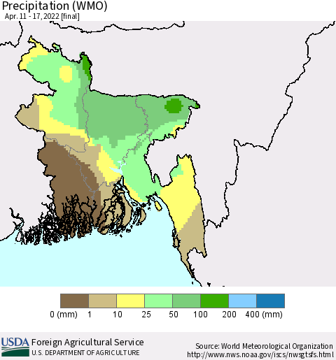 Bangladesh Precipitation (WMO) Thematic Map For 4/11/2022 - 4/17/2022