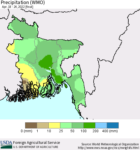 Bangladesh Precipitation (WMO) Thematic Map For 4/18/2022 - 4/24/2022