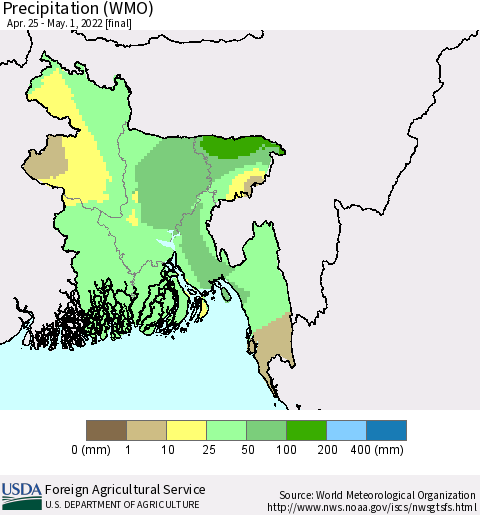 Bangladesh Precipitation (WMO) Thematic Map For 4/25/2022 - 5/1/2022