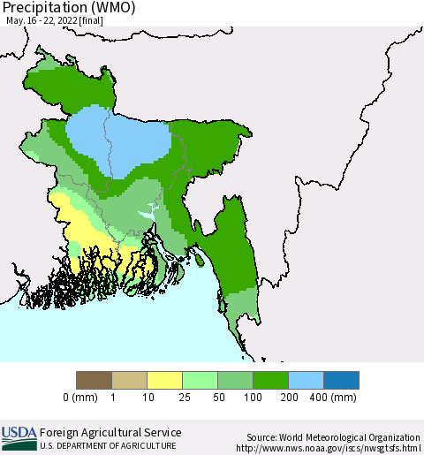 Bangladesh Precipitation (WMO) Thematic Map For 5/16/2022 - 5/22/2022