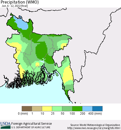 Bangladesh Precipitation (WMO) Thematic Map For 6/6/2022 - 6/12/2022
