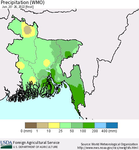 Bangladesh Precipitation (WMO) Thematic Map For 6/20/2022 - 6/26/2022