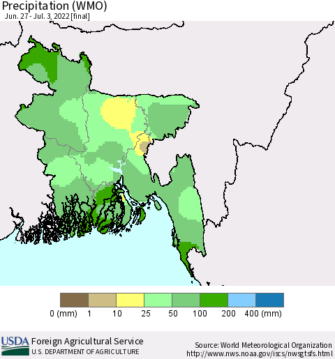 Bangladesh Precipitation (WMO) Thematic Map For 6/27/2022 - 7/3/2022