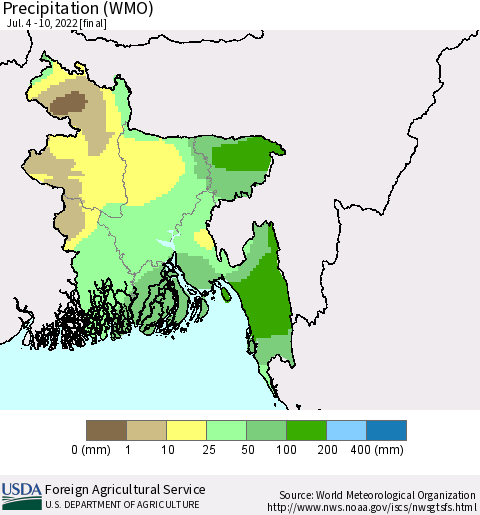 Bangladesh Precipitation (WMO) Thematic Map For 7/4/2022 - 7/10/2022