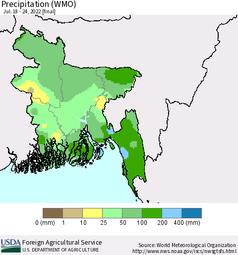 Bangladesh Precipitation (WMO) Thematic Map For 7/18/2022 - 7/24/2022