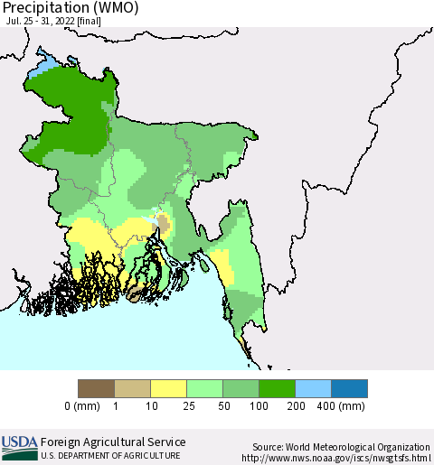 Bangladesh Precipitation (WMO) Thematic Map For 7/25/2022 - 7/31/2022