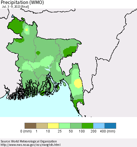 Bangladesh Precipitation (WMO) Thematic Map For 7/3/2023 - 7/9/2023