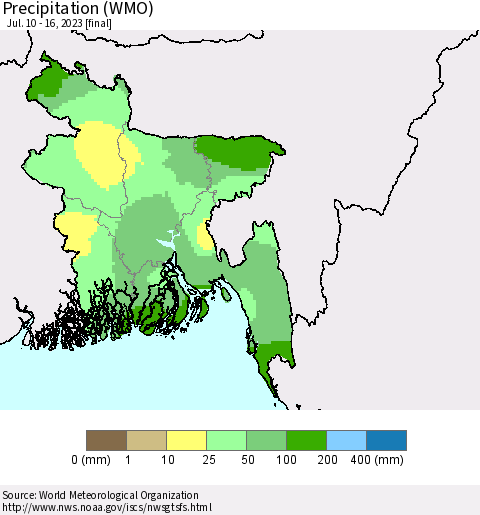 Bangladesh Precipitation (WMO) Thematic Map For 7/10/2023 - 7/16/2023