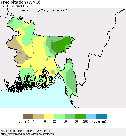Bangladesh Precipitation (WMO) Thematic Map For 7/17/2023 - 7/23/2023