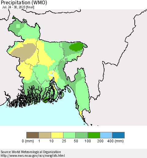 Bangladesh Precipitation (WMO) Thematic Map For 7/24/2023 - 7/30/2023