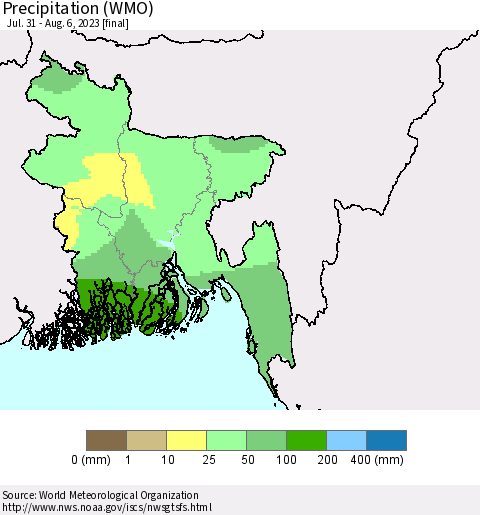 Bangladesh Precipitation (WMO) Thematic Map For 7/31/2023 - 8/6/2023