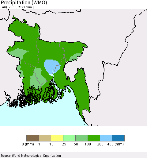 Bangladesh Precipitation (WMO) Thematic Map For 8/7/2023 - 8/13/2023