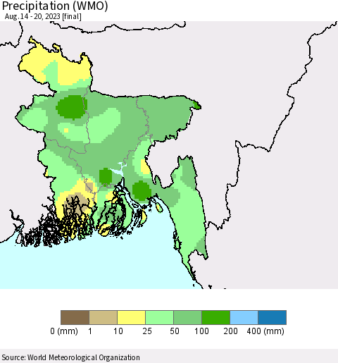 Bangladesh Precipitation (WMO) Thematic Map For 8/14/2023 - 8/20/2023