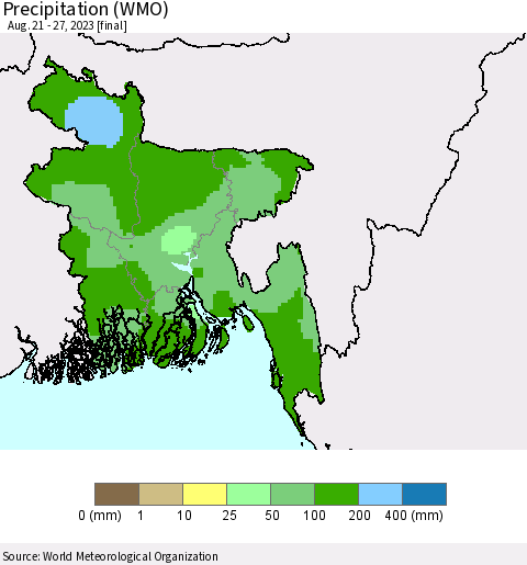Bangladesh Precipitation (WMO) Thematic Map For 8/21/2023 - 8/27/2023