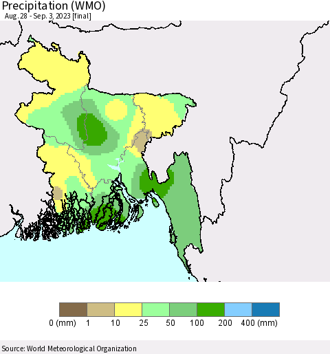 Bangladesh Precipitation (WMO) Thematic Map For 8/28/2023 - 9/3/2023