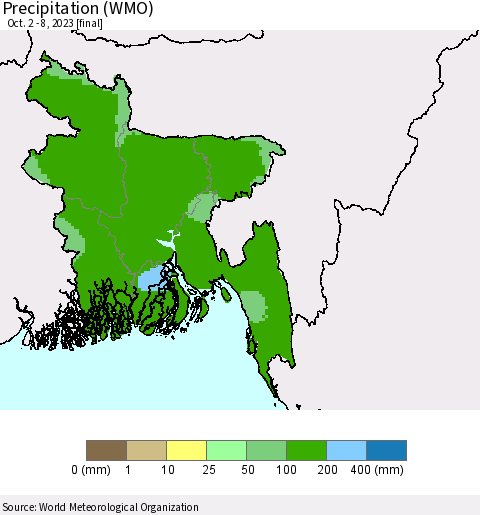 Bangladesh Precipitation (WMO) Thematic Map For 10/2/2023 - 10/8/2023