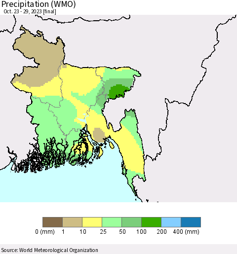Bangladesh Precipitation (WMO) Thematic Map For 10/23/2023 - 10/29/2023
