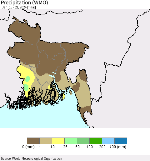 Bangladesh Precipitation (WMO) Thematic Map For 1/15/2024 - 1/21/2024