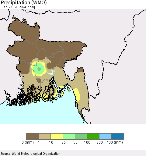 Bangladesh Precipitation (WMO) Thematic Map For 1/22/2024 - 1/28/2024