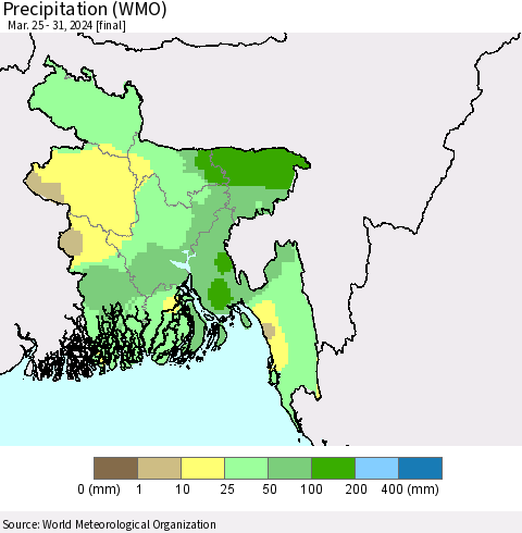 Bangladesh Precipitation (WMO) Thematic Map For 3/25/2024 - 3/31/2024