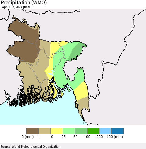 Bangladesh Precipitation (WMO) Thematic Map For 4/1/2024 - 4/7/2024