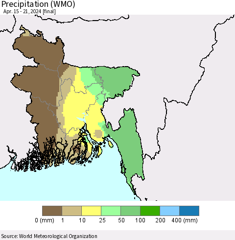 Bangladesh Precipitation (WMO) Thematic Map For 4/15/2024 - 4/21/2024