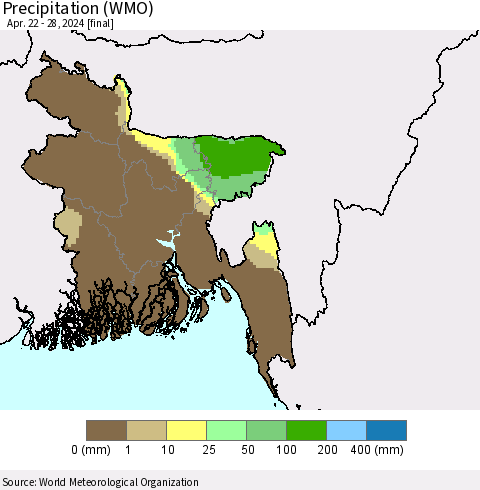 Bangladesh Precipitation (WMO) Thematic Map For 4/22/2024 - 4/28/2024