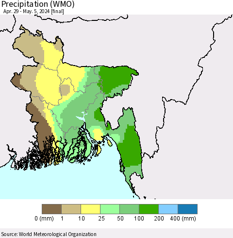 Bangladesh Precipitation (WMO) Thematic Map For 4/29/2024 - 5/5/2024