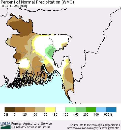 Bangladesh Percent of Normal Precipitation (WMO) Thematic Map For 7/5/2021 - 7/11/2021
