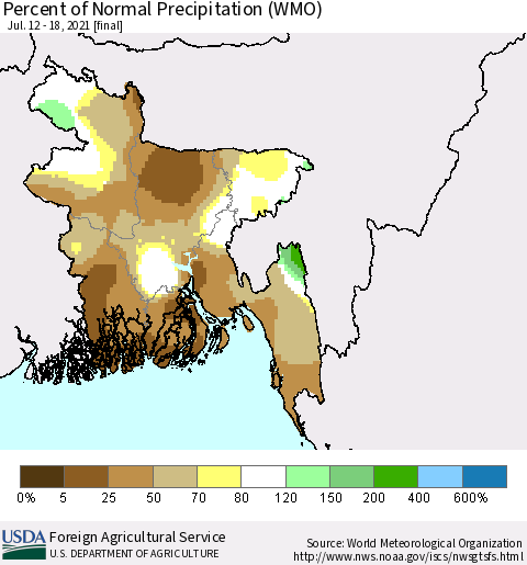 Bangladesh Percent of Normal Precipitation (WMO) Thematic Map For 7/12/2021 - 7/18/2021