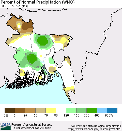 Bangladesh Percent of Normal Precipitation (WMO) Thematic Map For 7/19/2021 - 7/25/2021