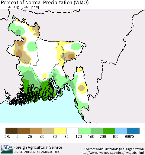 Bangladesh Percent of Normal Precipitation (WMO) Thematic Map For 7/26/2021 - 8/1/2021
